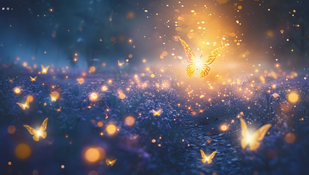 Papillon de lumière dans une forêt de fleur violette un soir d'été