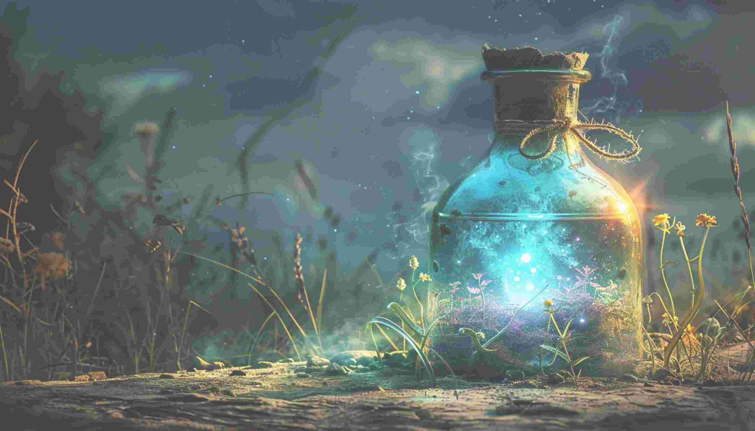 Flacon potion magique pensé dans la jungle avec une lumière bleu dans la bouteille